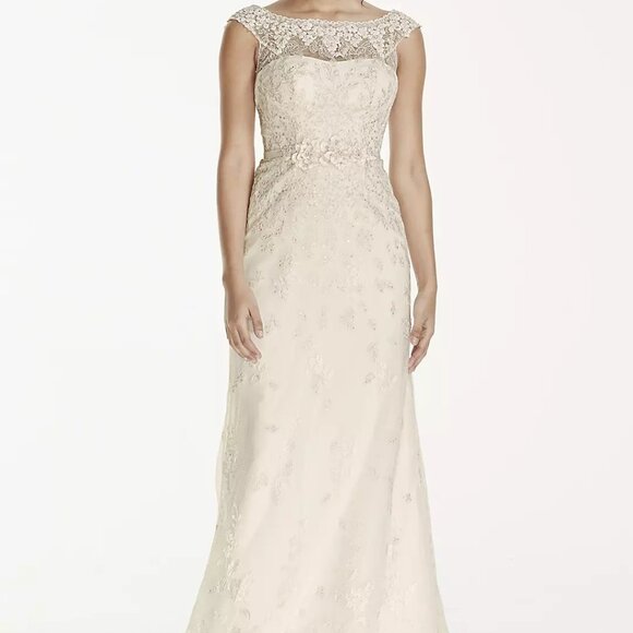 Melissa Sweet Illusion Ivory Hand-Beaded Lace Cap Sleeve Wedding Dress Sz 6 NWT - Picture 1 of 9